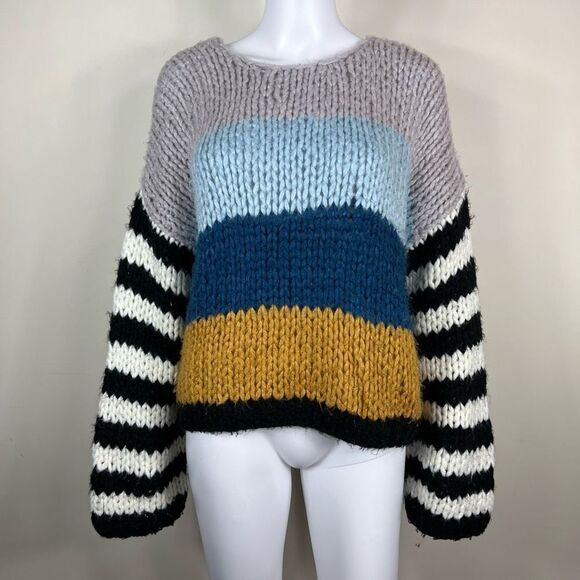 BlankNYC Wool Mix Crochet Multicolor Colorblock & Striped Chunky Sweater - Picture 1 of 13